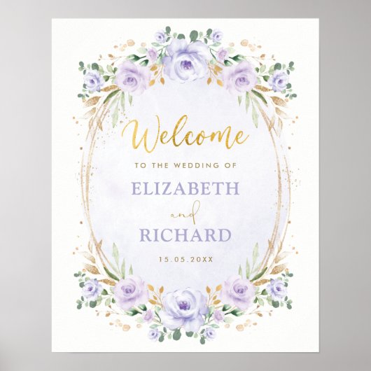 Elegantes Lila Goldfloralhochzeitungspposter Poster (Vorne)