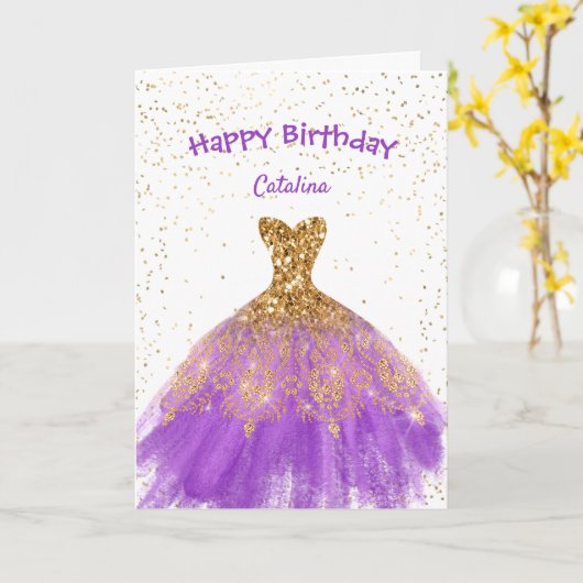 Elegantes Lila Goldkleid Geburtstag Karte (Gelbe Blume)
