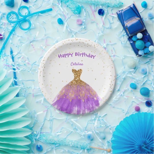 Elegantes Lila Goldkleid Geburtstag Pappteller (Party)