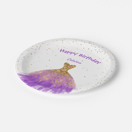 Elegantes Lila Goldkleid Geburtstag Pappteller (Schrägansicht)