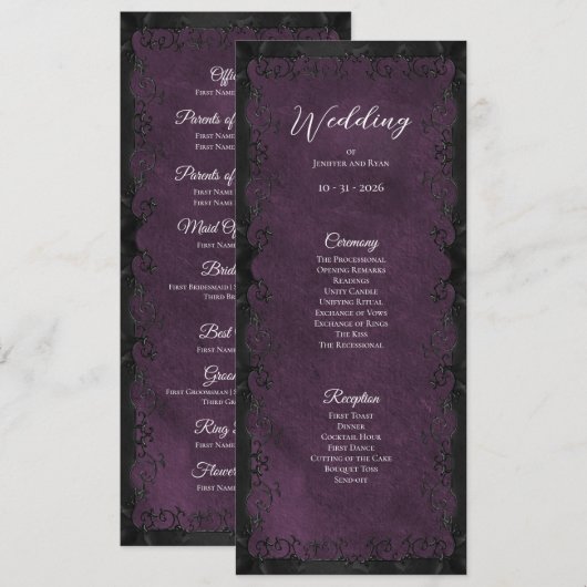 Elegantes lila gotisches Hochzeitsprogramm Menükarte (Vorne/Hinten)
