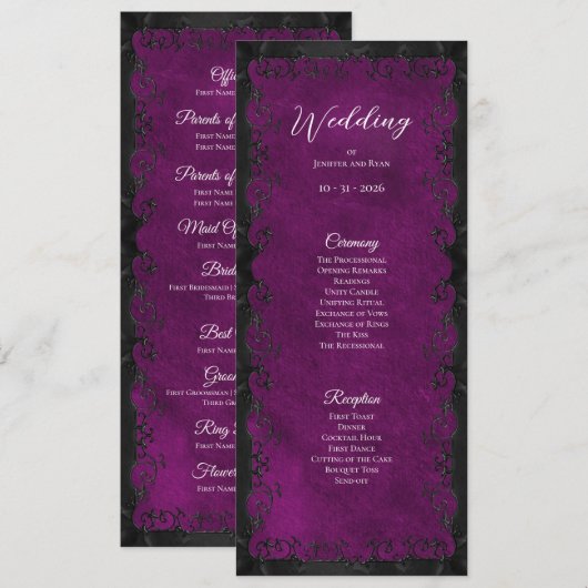 Elegantes lila gotisches Hochzeitsprogramm Menükarte (Vorne/Hinten)