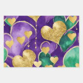 Elegantes Lila, grünes und goldenes Herz Mardi Gra Geschenkpapier Set (Vorderseite 3)