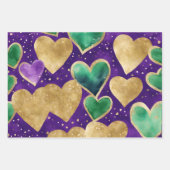Elegantes Lila, grünes und goldenes Herz Mardi Gra Geschenkpapier Set (Vorderseite)
