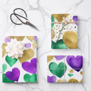 Elegantes Lila, grünes und goldenes Herz Mardi Gra Geschenkpapier Set
