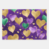 Elegantes Lila, grünes und goldenes Herz Mardi Gra Geschenkpapier Set (Vorderseite 2)