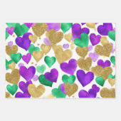 Elegantes Lila, grünes und goldenes Herz Mardi Gra Geschenkpapier Set (Vorderseite)