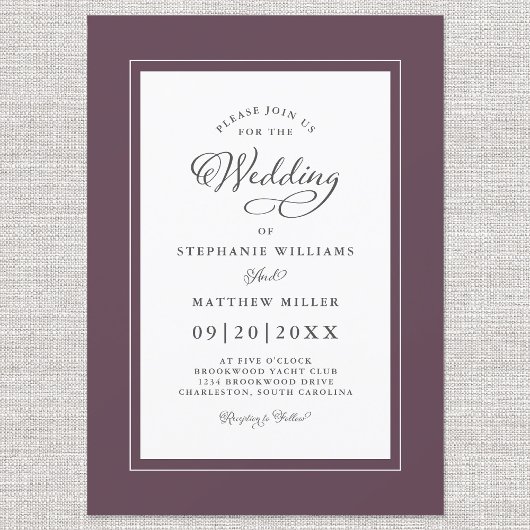 Elegantes Lila Hochzeitschick-Kalligrafie-Skript Einladung