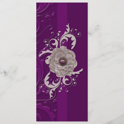 Elegantes Lila Hochzeitsmenü für Floral Damask Menükarte (Rückseite)