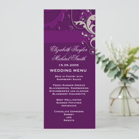 Elegantes Lila Hochzeitsmenü für Floral Damask Menükarte (Stehend Vorderseite)
