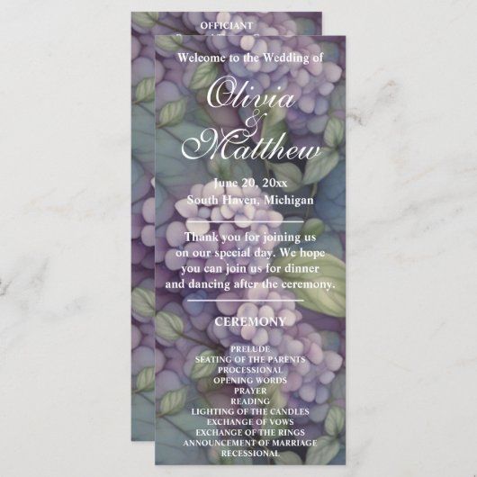 Elegantes lila Hochzeitsprogramm für Wasserfarben (Vorne/Hinten)