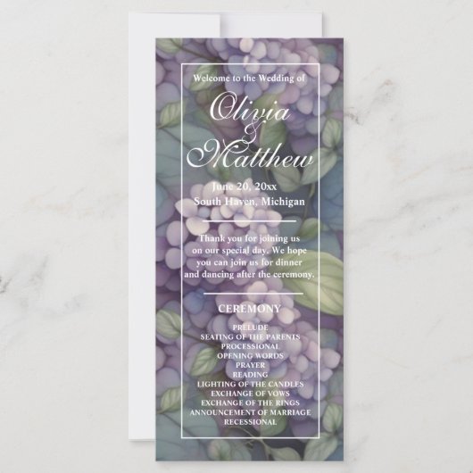 Elegantes lila Hochzeitsprogramm für Wasserfarben (Vorderseite)