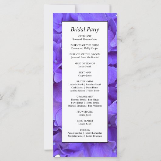 Elegantes lila Hydrangeas Hochzeitsprogramm (Rückseite)