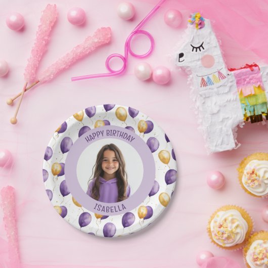 Elegantes Lila Imitat Gold Balloons Foto Pappteller (Party)