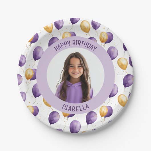 Elegantes Lila Imitat Gold Balloons Foto Pappteller (Vorderseite)