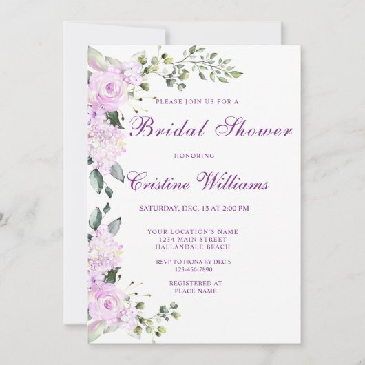 Elegantes Lila Lavander-Blume-Brautparty Einladung (Vorderseite)