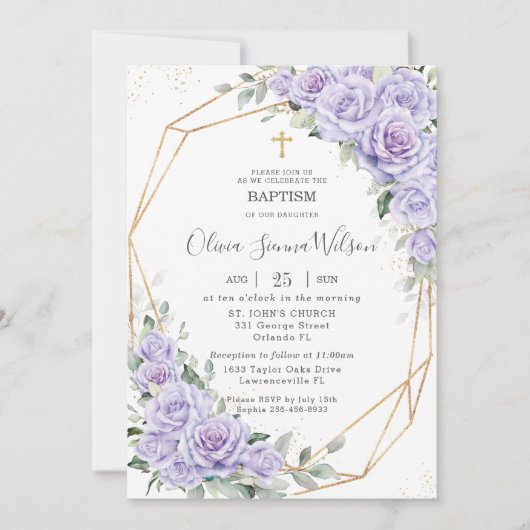 Elegantes Lila Lavendel-Taufen Christening Einladung (Vorderseite)