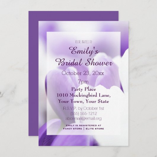 Elegantes Lila Lavendel White Tulip Brautparty Einladung (Vorne/Hinten)