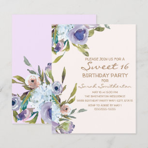 Elegantes Lila Lila-Blumen-Grün Sweet 16 Einladung