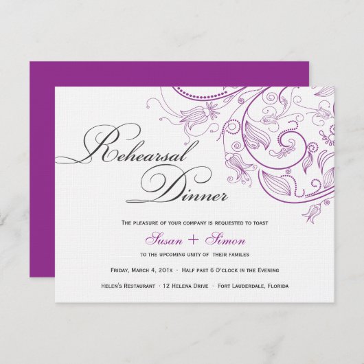 Elegantes Lila Probe-Dinner Einladung (Vorne/Hinten)