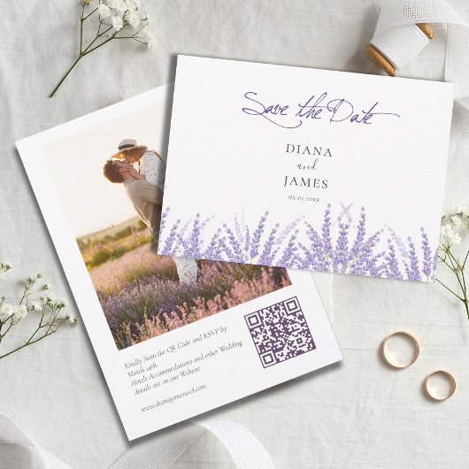 Elegantes Lila QR Code Foto Hochzeit Save The Date