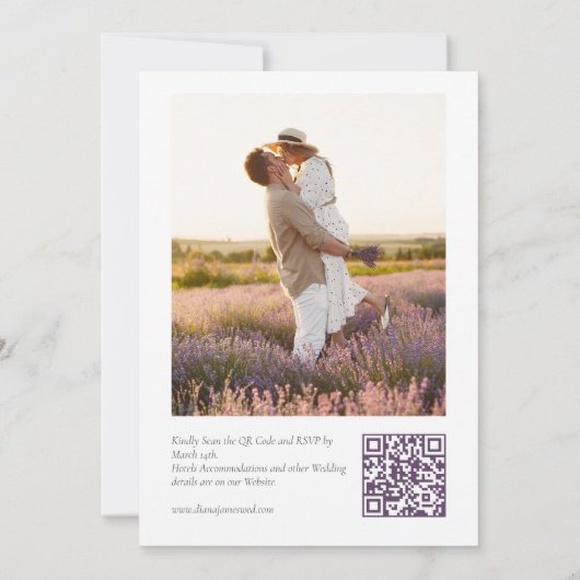 Elegantes Lila QR Code Foto Hochzeit Save The Date (Rückseite)