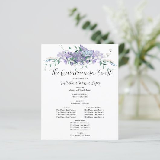 Elegantes Lila Quinceanera-Programm (Stehend Vorderseite)