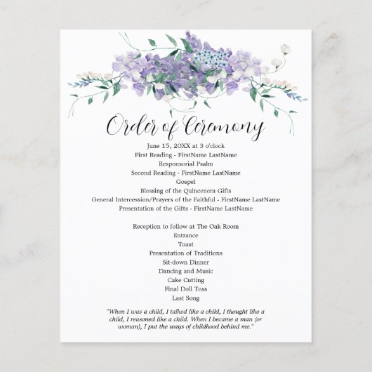 Elegantes Lila Quinceanera-Programm (Rückseite)