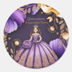 Elegantes Lila Quinceañerañ Girl Illustration Runder Aufkleber