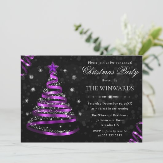 Elegantes Lila Ribbon Tree Weihnachts-Party Einladung (Stehend Vorderseite)