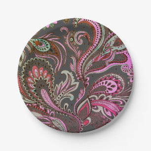 Elegantes lila rosa braun schwarzes Paisley-Muster Pappteller