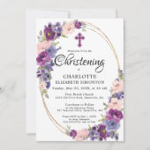 Elegantes Lila Rosa Floral Gold Rahmen Christening Einladung (Vorderseite)