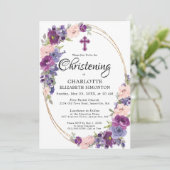 Elegantes Lila Rosa Floral Gold Rahmen Christening Einladung (Stehend Vorderseite)