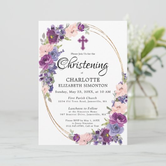 Elegantes Lila Rosa Floral Gold Rahmen Christening Einladung (Stehend Vorderseite)