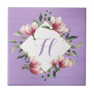 Elegantes lila rosa florales Blumenmonogramm Anfan Fliese