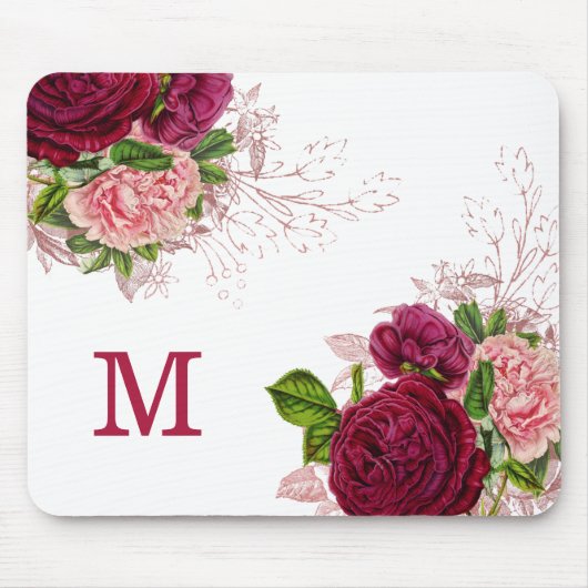 Elegantes, Lila rosa, floralweißes Monogramm Mousepad (Vorne)