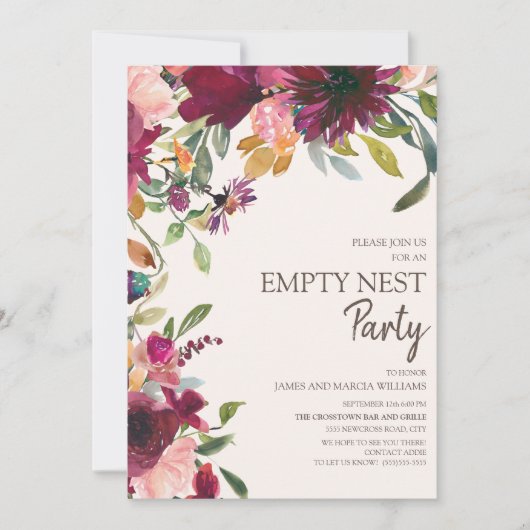 Elegantes Lila Rosa Gold Floral Leere Nest Party Einladung (Vorderseite)