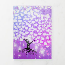 Elegantes Lila Rosa Herzleder Hochzeit Tri-Fold Dreifach Gefaltete Einladung