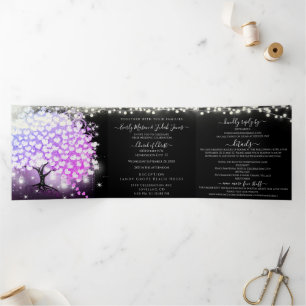Elegantes Lila Rosa Herzleder Hochzeit Tri-Fold Dreifach Gefaltete Einladung