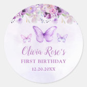 Elegantes Lila Schmetterling 1. Geburtstag Party Runder Aufkleber (Vorderseite)