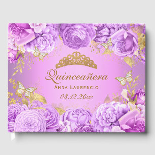 Elegantes lila Schmetterling Blumenmotiv Quinceane Gästebuch