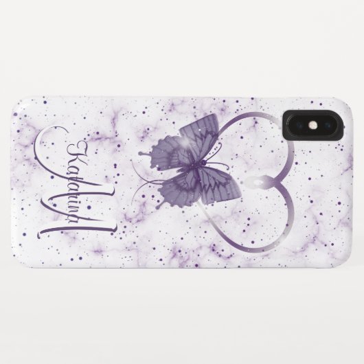 Elegantes Lila Schmetterling, Herz-Marmor-Monogram Case-Mate iPhone Hülle (Rückseite (Horizontal))