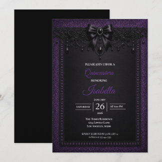 Elegantes Lila Schwarzes Quinceañera Einladung