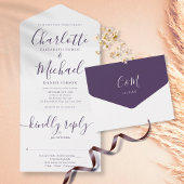 Elegantes Lila Script Minimalistisch Wedding All In One Einladung