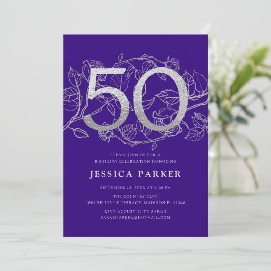 Elegantes Lila Silber 50. Geburtstag Einladung (Stehend Vorderseite)
