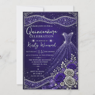 Elegantes lila-silbernes Glitter-Kleid Quinceanera Einladung