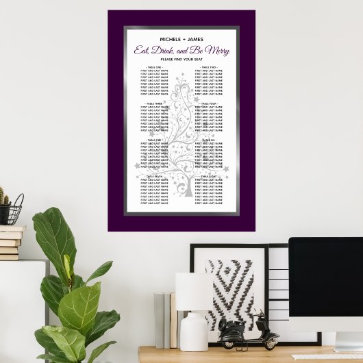 Elegantes Lila Silver Wedding Seating Chart Poster (Heimbüro)