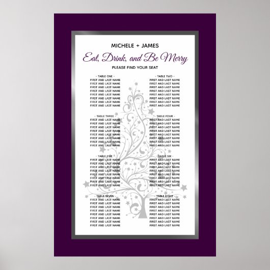 Elegantes Lila Silver Wedding Seating Chart Poster (Vorne)