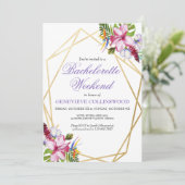 Elegantes Lila tropisches Bachelorette Einladung (Stehend Vorderseite)