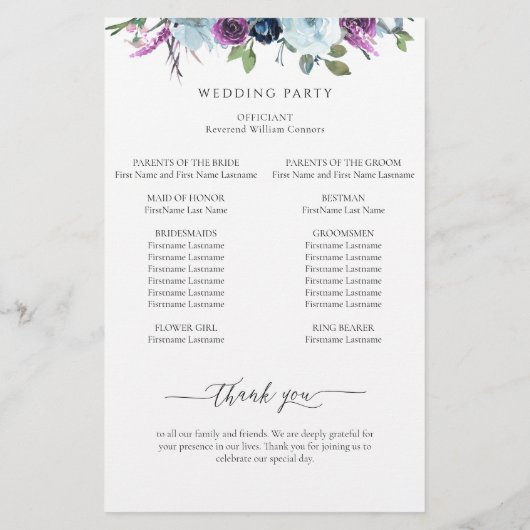 Elegantes Lila und blaues Hochzeitsprogramm (Rückseite)